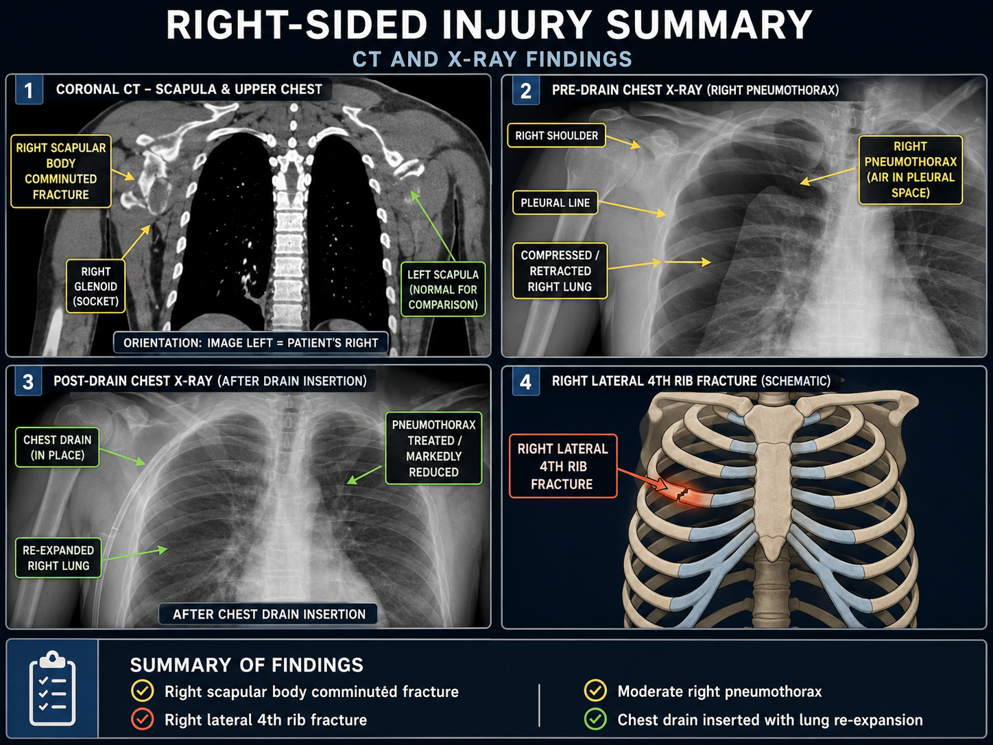 Annotated summary of the right scapular fracture, right fourth-rib fracture, pneumothorax and chest-drain treatment