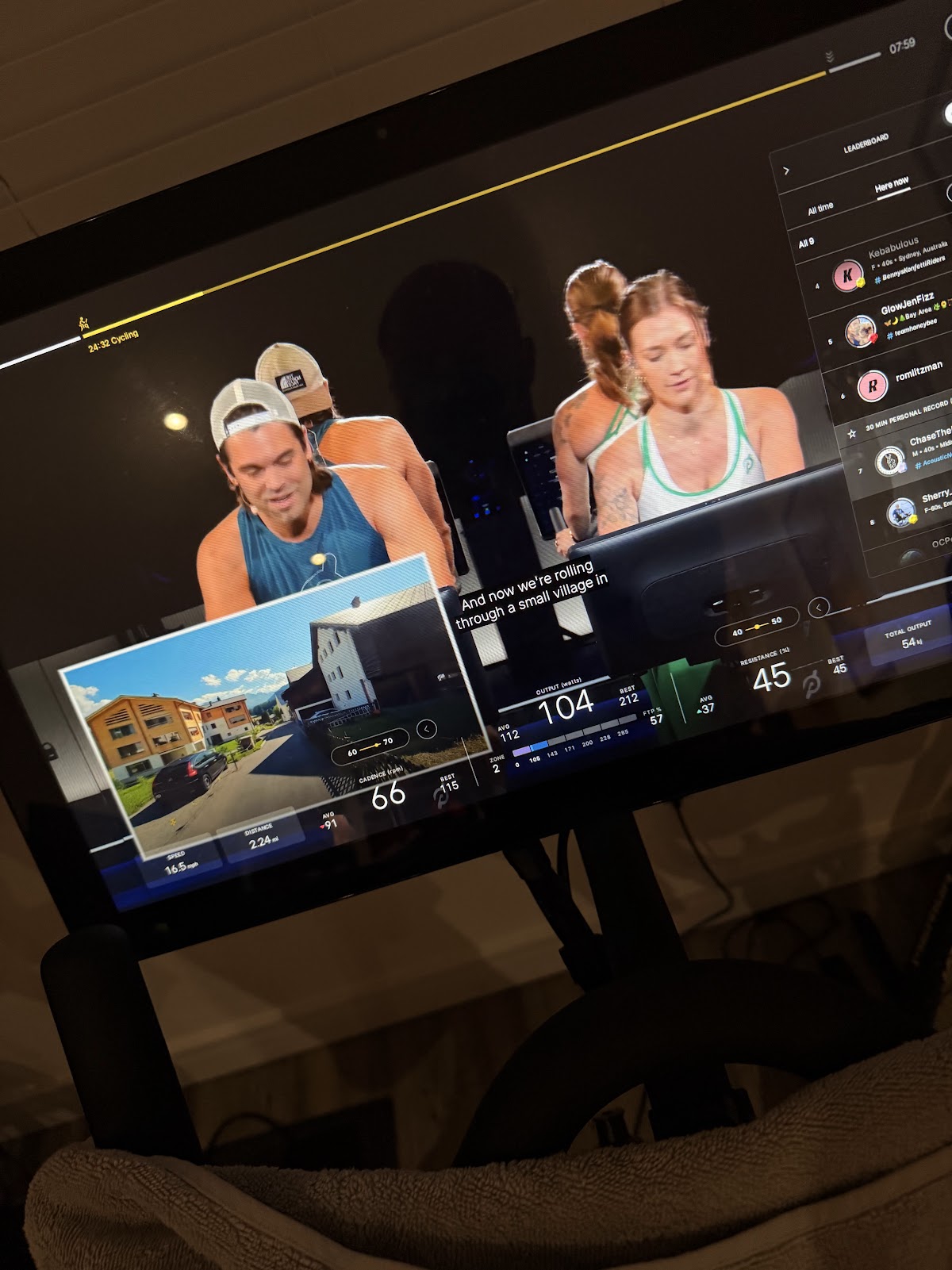 Peloton screen during one of the first indoor cycling sessions after the accident