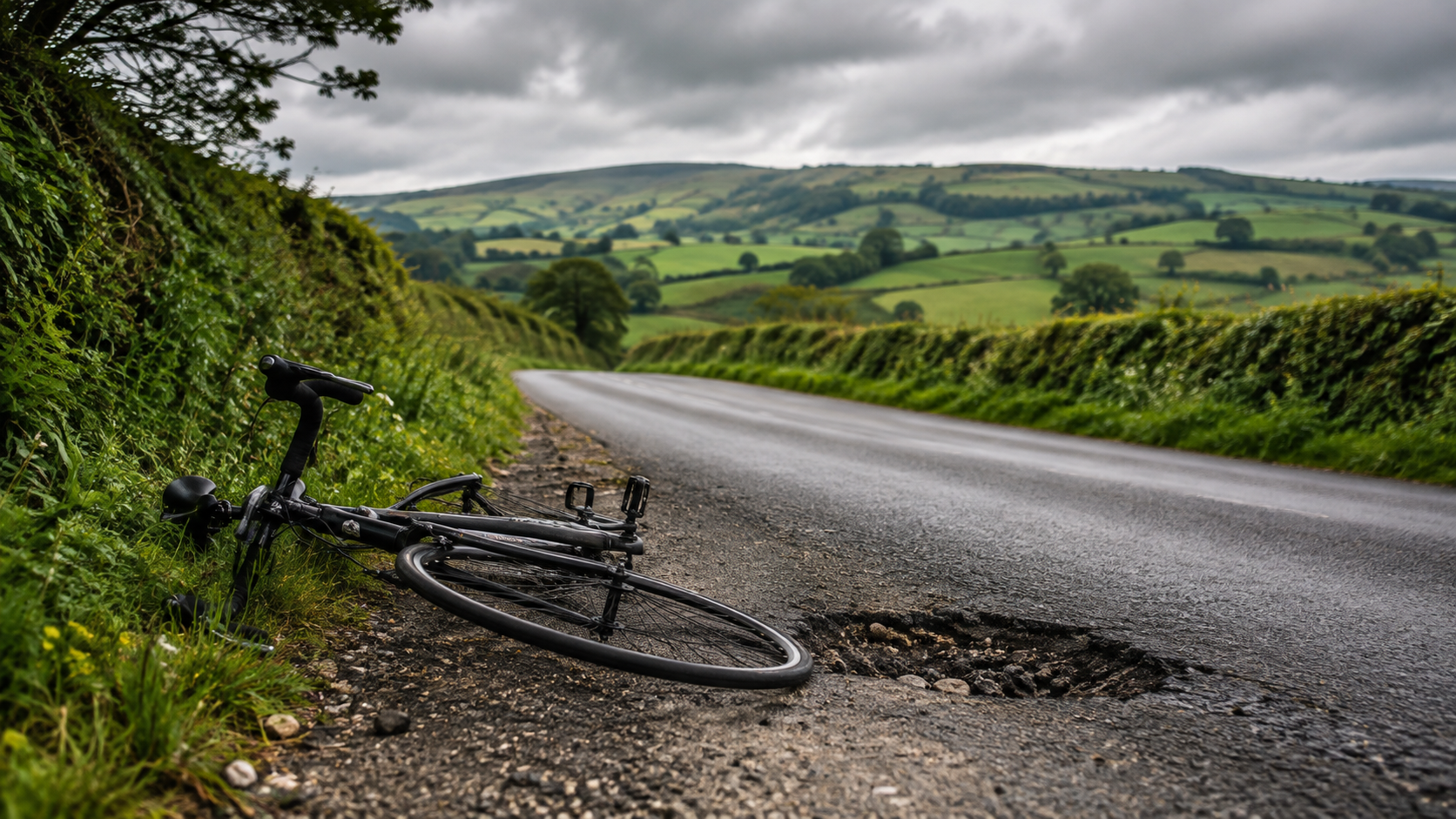 A fallen road bike beside a pothole on a quiet Devon country road, representing the cycling accident that began the recovery journey