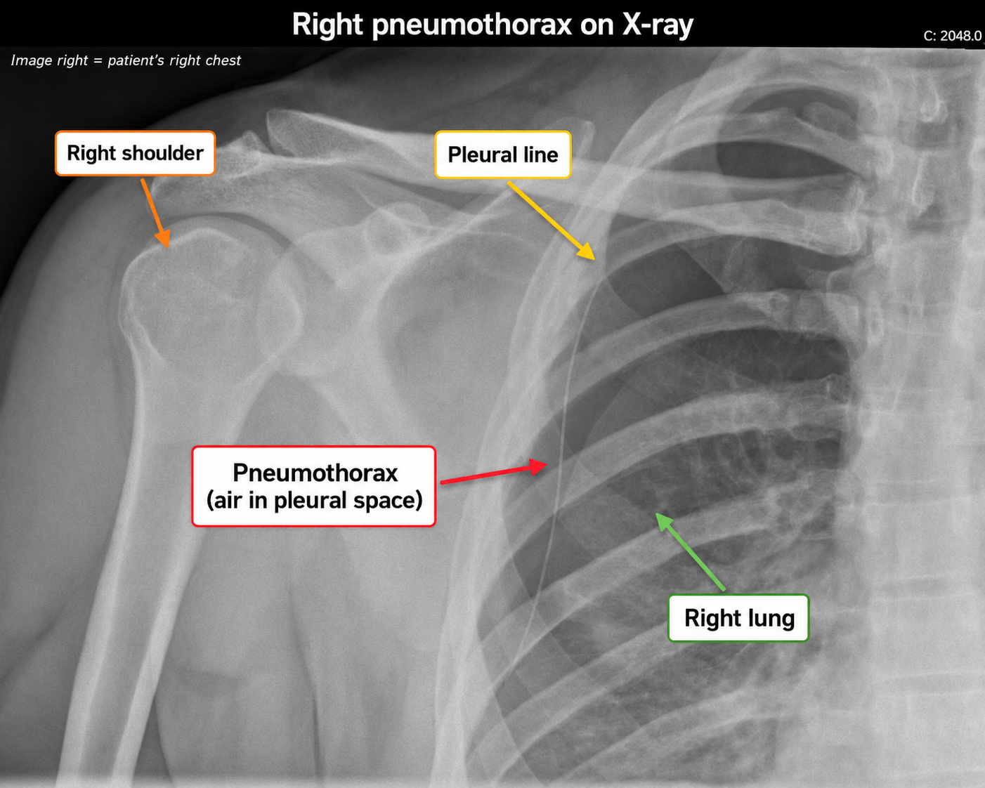 Annotated X-ray showing the right pneumothorax and pleural line before chest-drain treatment